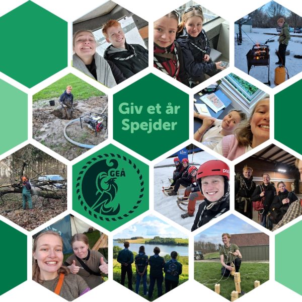 To spejderledere viser en færdselstavle for en gruppe børn