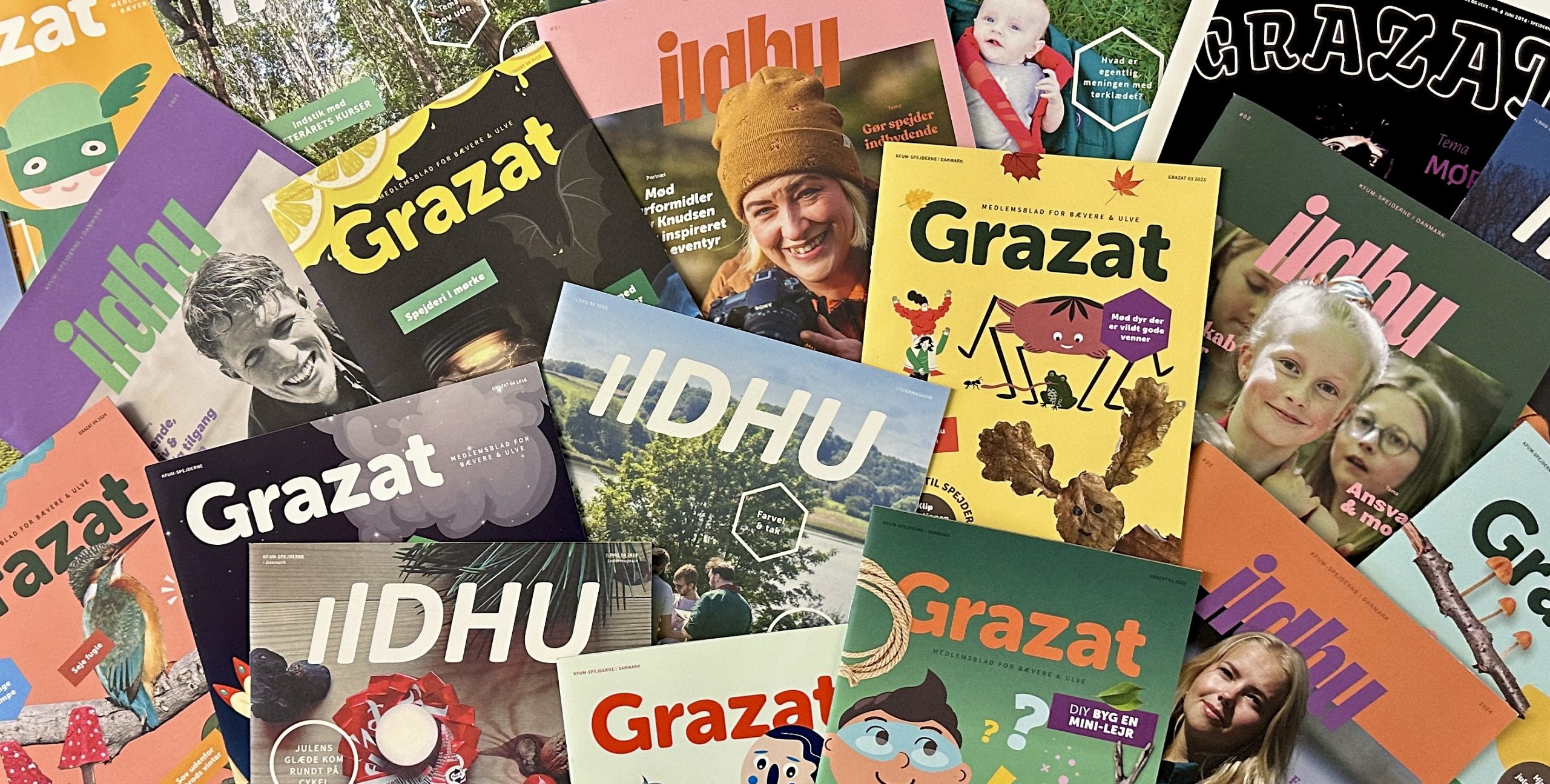 Flere udgaver af magasinerne Grazat og Ildhu gennem tiden.