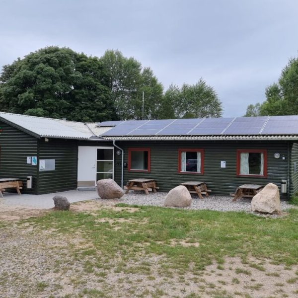 To spejderledere viser en færdselstavle for en gruppe børn